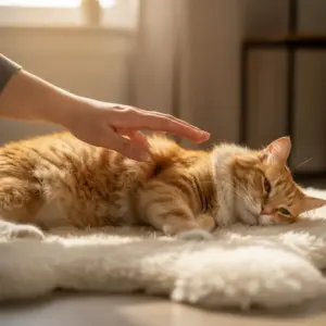 Hand voelt ribben van kat om gewicht te controleren