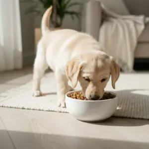 Golden retriever puppy naast een kom met puppy brokken