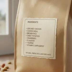Close-up van een ingrediëntenlijst op een zak graanvrij kattenvoer