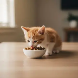 Kitten eet droogvoer uit een kleine witte kom