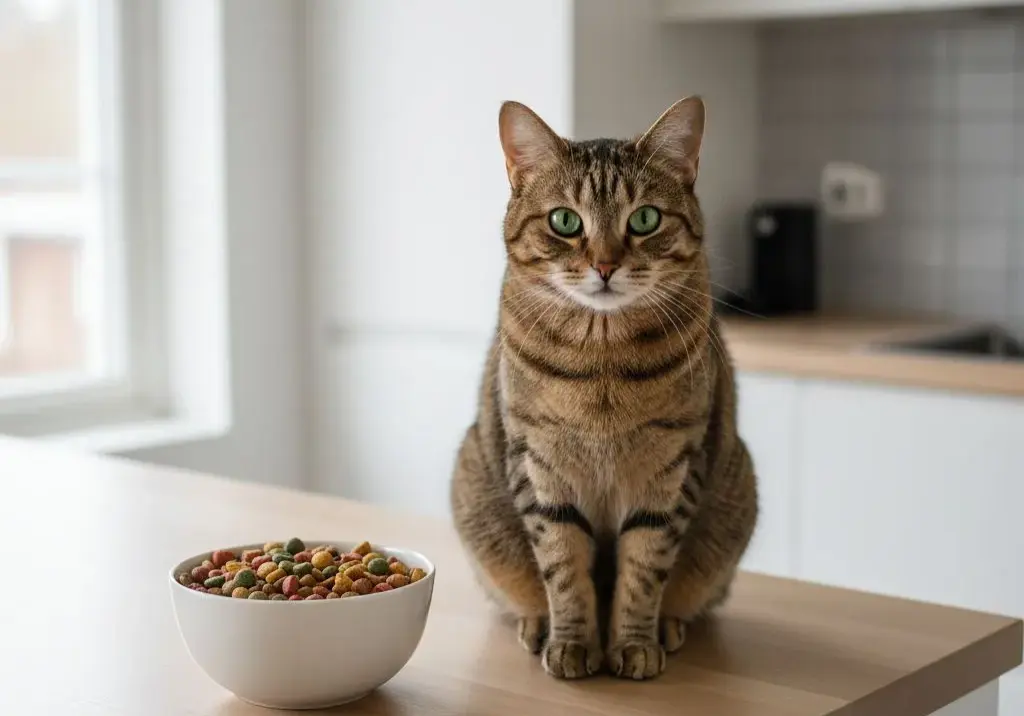 Kat naast een kom met droogvoer op een lichte ondergrond