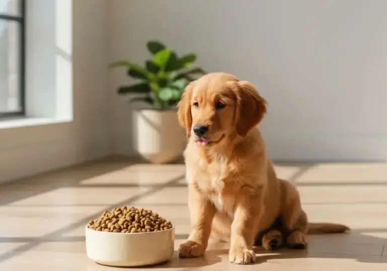 Puppy eet droogvoer uit een witte kom