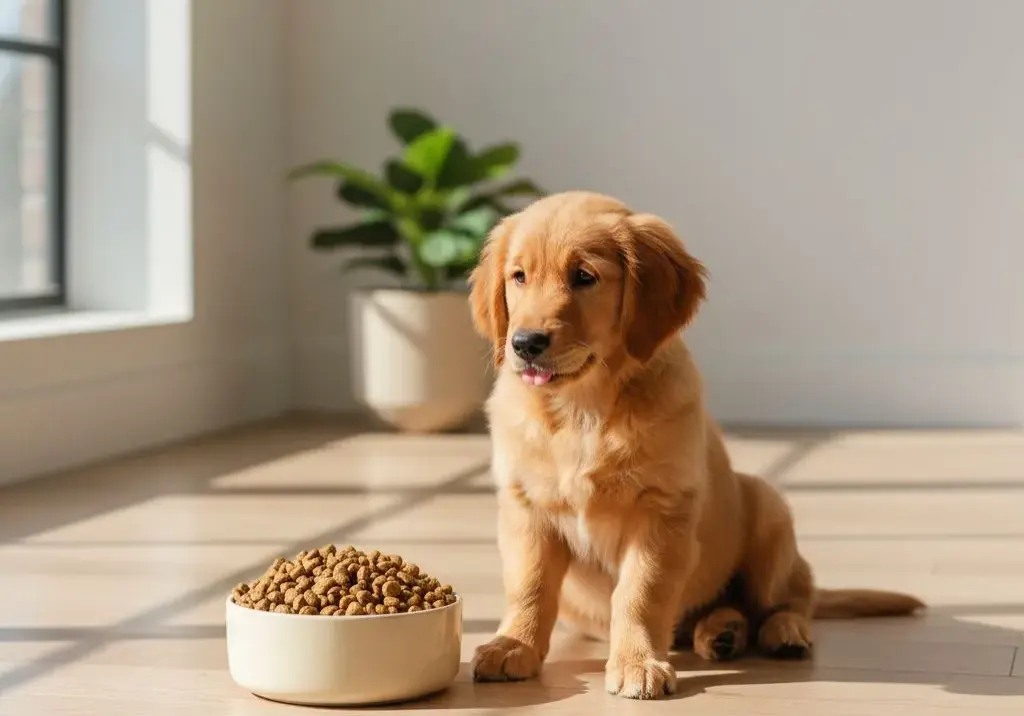 Puppy eet droogvoer uit een witte kom