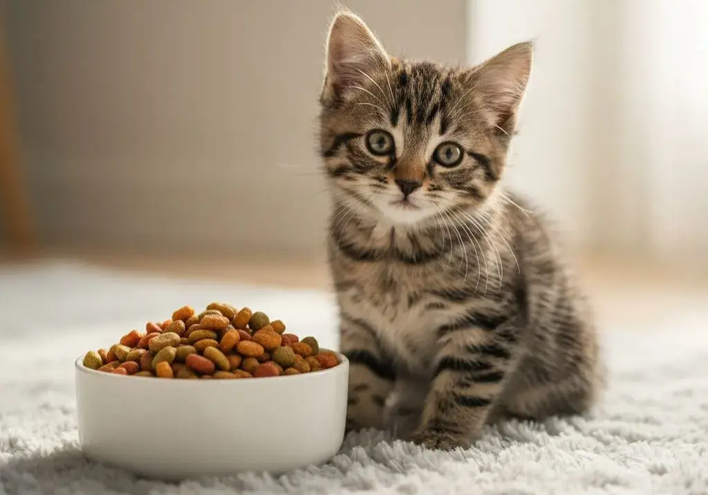 Kitten naast een kleine kom met kitten brokken